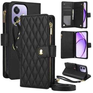 For OPPO A3 4G / 5G Global / A3X 4G / 5G India Rhombic Zipper Card Wallet Leather Phone Case with Lanyard(Black)