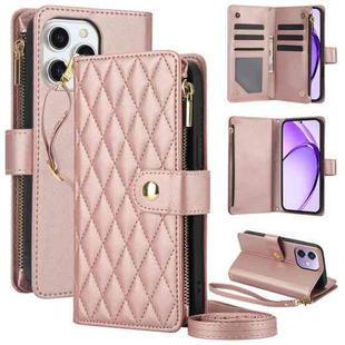 For OPPO A3 4G / 5G Global / A3X 4G / 5G India Rhombic Zipper Card Wallet Leather Phone Case with Lanyard(Rose Gold)