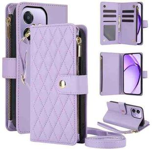 For OPPO A3 4G / 5G Global / A3X 4G / 5G India Rhombic Zipper Card Wallet Leather Phone Case with Lanyard(Light Purple)