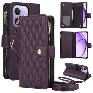 For OPPO A3 4G / 5G Global / A3X 4G / 5G India Rhombic Zipper Card Wallet Leather Phone Case with Lanyard(Dark Purple)