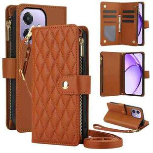 For OPPO A3 4G / 5G Global / A3X 4G / 5G India Rhombic Zipper Card Wallet Leather Phone Case with Lanyard(Brown)