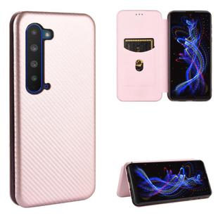 For Sharp Aquos R5G Carbon Fiber Texture Horizontal Flip TPU + PC + PU Leather Case with Card Slot(Pink)