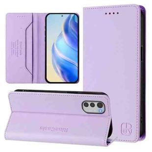 For Motorola Moto E32 Global RC01 Dual-Folded Magnetic Suction RFID Leather Phone Case(Light Purple)