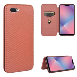 For OPPO A5(AX5) / A3s / A12e Carbon Fiber Texture Horizontal Flip TPU + PC + PU Leather Case with Card Slot(Brown)