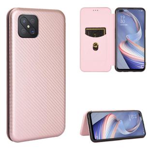For OPPO A92s Carbon Fiber Texture Horizontal Flip TPU + PC + PU Leather Case with Card Slot(Pink)