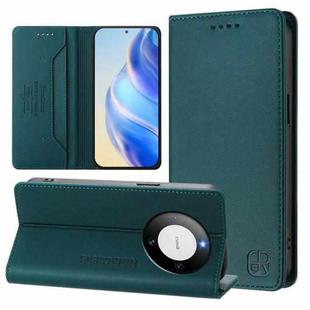 For Huawei Mate 60 RC01 Dual-Folded Magnetic Suction RFID Leather Phone Case(Dark Green)