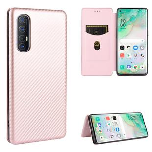 For OPPO Reno3 5G (Japanese Version) Carbon Fiber Texture Horizontal Flip TPU + PC + PU Leather Case with Card Slot(Pink)