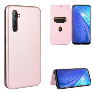 For OPPO Realme 6 Carbon Fiber Texture Horizontal Flip TPU + PC + PU Leather Case with Card Slot(Pink)
