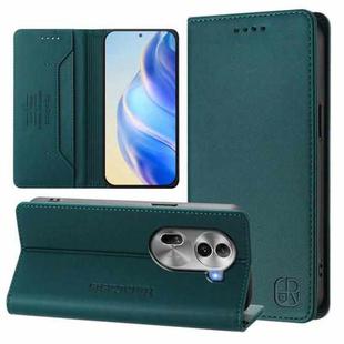 For OPPO Reno11 Pro 5G Global RC01 Dual-Folded Magnetic Suction RFID Leather Phone Case(Dark Green)