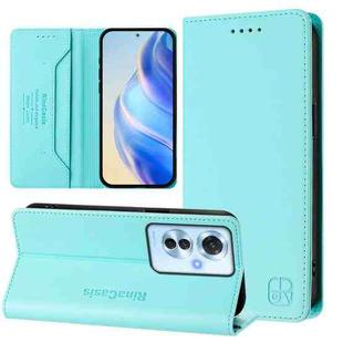 For OPPO Reno11 F 5G Global RC01 Dual-Folded Magnetic Suction RFID Leather Phone Case(Mint Green)