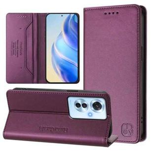 For OPPO Reno11 F 5G Global RC01 Dual-Folded Magnetic Suction RFID Leather Phone Case(Violet)