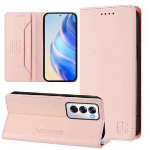 For OPPO Reno12 5G Global RC01 Dual-Folded Magnetic Suction RFID Leather Phone Case(Pink)