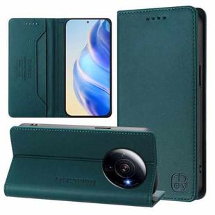 For Xiaomi 12S Ultra RC01 Dual-Folded Magnetic Suction RFID Leather Phone Case(Dark Green)