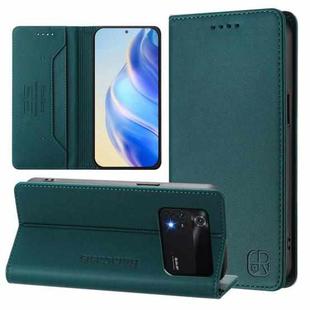 For Xiaomi Poco M4 Pro 4G RC01 Dual-Folded Magnetic Suction RFID Leather Phone Case(Dark Green)