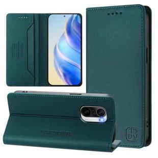 For Redmi K40 / K40 Pro RC01 Dual-Folded Magnetic Suction RFID Leather Phone Case(Dark Green)