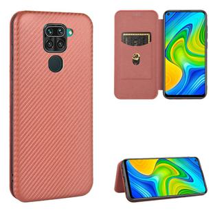 For Xiaomi Redmi Note 9 Carbon Fiber Texture Horizontal Flip TPU + PC + PU Leather Case with Card Slot(Brown)