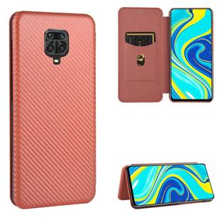 For Xiaomi Redmi Note 9S Carbon Fiber Texture Horizontal Flip TPU + PC + PU Leather Case with Card Slot(Brown)