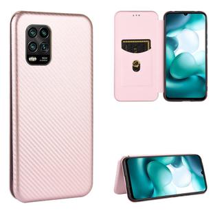 For Xiaomi Mi 10 Lite Carbon Fiber Texture Horizontal Flip TPU + PC + PU Leather Case with Card Slot(Pink)