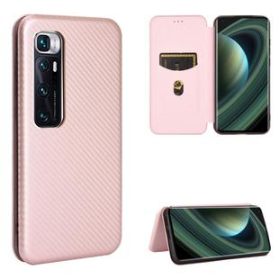 For Xiaomi Mi 10 Ultra Carbon Fiber Texture Horizontal Flip TPU + PC + PU Leather Case with Card Slot(Pink)