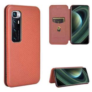 For Xiaomi Mi 10 Ultra Carbon Fiber Texture Horizontal Flip TPU + PC + PU Leather Case with Card Slot(Brown)