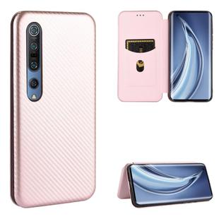 For Xiaomi Mi 10 5G Carbon Fiber Texture Horizontal Flip TPU + PC + PU Leather Case with Card Slot(Pink)