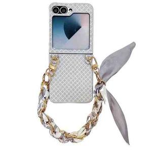 For Samsung Galaxy Z Flip5 5G Sparkling Diamond Rhombus PC Phone Case with Silk Scarf Bracelet(Silver)