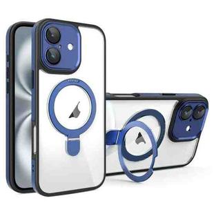 For iPhone 16 Plus Full Coverage Lens Film MagSafe Holder Transparent Phone Case(Black+Blue)