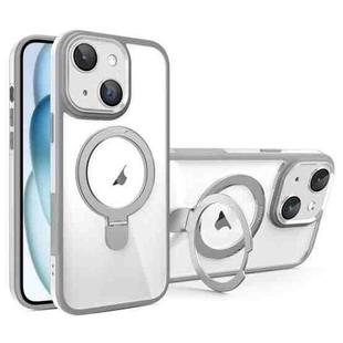 For iPhone 15 Full Coverage Lens Film MagSafe Holder Transparent Phone Case(Grey+White)