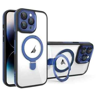 For iPhone 14 Pro Full Coverage Lens Film MagSafe Holder Transparent Phone Case(Black+Blue)