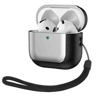 For AirPods 4 Electroplating Leather Texture Wireless Earbuds Box Protective Case(Grey)