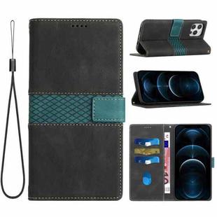 For iPhone 16 Pro Max Grid Stitching Leather Phone Case with Lanyard(Black)