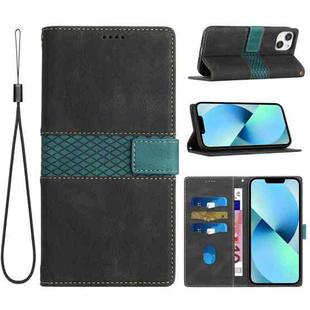 For iPhone 14 Grid Stitching Leather Phone Case with Lanyard(Black)