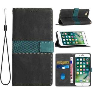 For iPhone SE 2022 / 2020 Grid Stitching Leather Phone Case with Lanyard(Black)