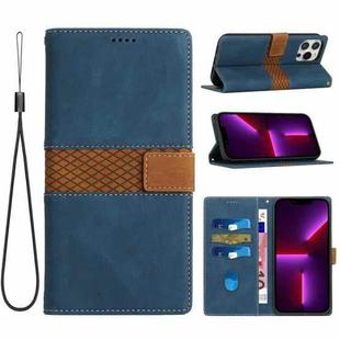 For iPhone 13 Pro Grid Stitching Leather Phone Case with Lanyard(Blue)