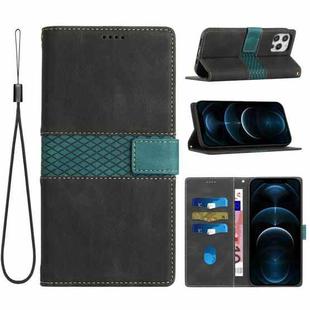 For iPhone 12 / 12 Pro Grid Stitching Leather Phone Case with Lanyard(Black)