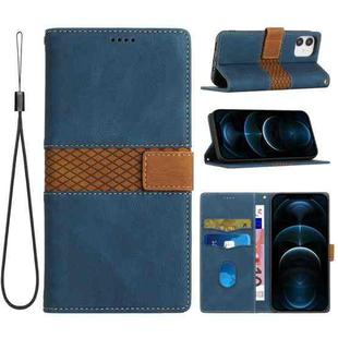 For iPhone 12 mini Grid Stitching Leather Phone Case with Lanyard(Blue)