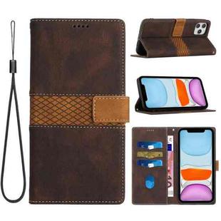 For iPhone 11 Pro Max Grid Stitching Leather Phone Case with Lanyard(Brown)