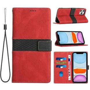 For iPhone 11 Pro Max Grid Stitching Leather Phone Case with Lanyard(Red)
