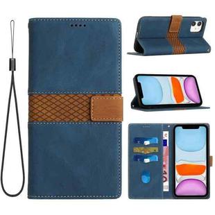 For iPhone 11 Grid Stitching Leather Phone Case with Lanyard(Blue)