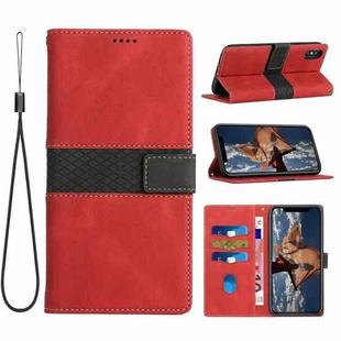 For iPhone XS / X Grid Stitching Leather Phone Case with Lanyard(Red)