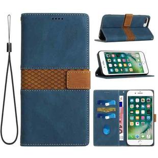 For iPhone 8 Plus / 7 Plus Grid Stitching Leather Phone Case with Lanyard(Blue)