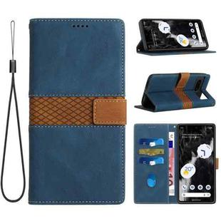 For Google Pixel 7 Grid Stitching Leather Phone Case with Lanyard(Blue)