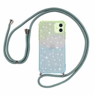 For iPhone 11 Pro Gradient Glitter Powder Shockproof TPU Protective Case with Lanyard(Green Blue)