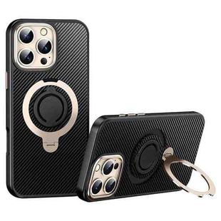 For iPhone 16 Pro Max Carbon Fiber MagSafe Phone Case with 360 Degree Rotating Holder(Black Gold)