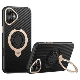 For iPhone 16 Plus Carbon Fiber MagSafe Phone Case with 360 Degree Rotating Holder(Black Gold)