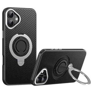 For iPhone 16 Carbon Fiber MagSafe Phone Case with 360 Degree Rotating Holder(Black Silver)