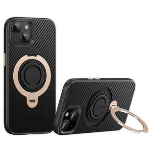 For iPhone 15 Carbon Fiber MagSafe Phone Case with 360 Degree Rotating Holder(Black Gold)