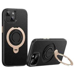 For iPhone 14 / 13 Carbon Fiber MagSafe Phone Case with 360 Degree Rotating Holder(Black Gold)