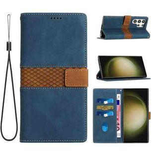 For Samsung Galaxy S25 Ultra 5G Grid Stitching Leather Phone Case with Lanyard(Blue)