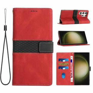For Samsung Galaxy S25 Ultra 5G Grid Stitching Leather Phone Case with Lanyard(Red)
